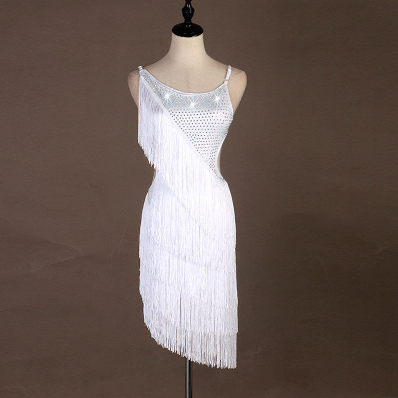 White latin dance dress with diagonal tassel fringe and stoned strap