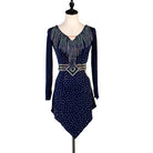 Navy latin dance dress with beaded fringe V neckline and stoned waist band