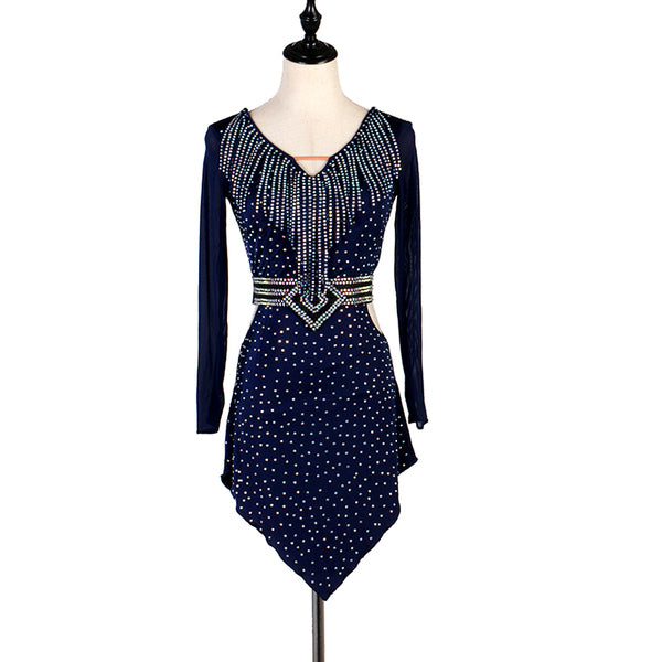 Navy latin dance dress with beaded fringe V neckline and stoned waist band
