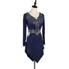 Navy latin dance dress angled view showing the stones scattered over the skirt