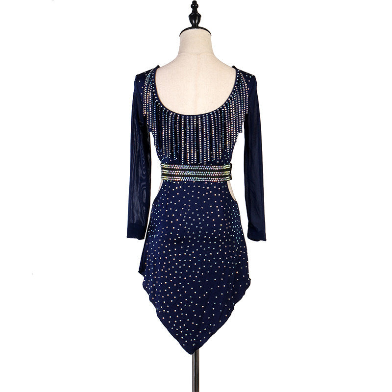 Navy latin dance dress rear view with the mesh back and pointed hem