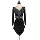 Black latin dance dress with beaded fringe neckline and stoned waist band