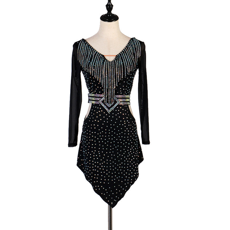 Black latin dance dress with beaded fringe neckline and stoned waist band