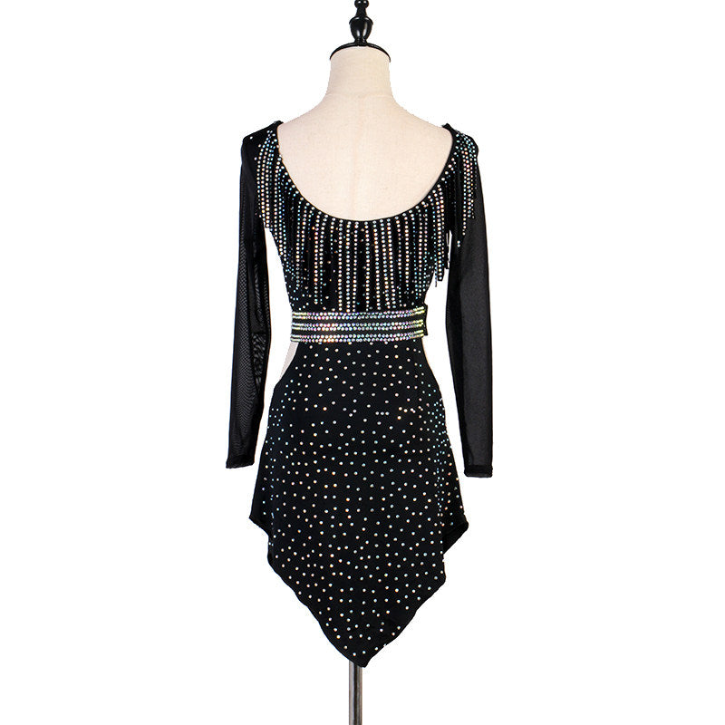 Black latin dance dress front view showing the pointed stoned hem