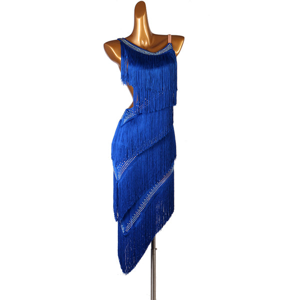 Blue latin dance dress with spiral wrapped tassel fringe and stoned neckline