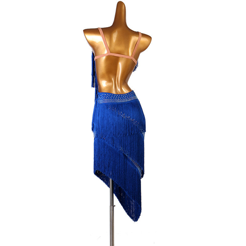 Blue wrap fringe latin dance dress rear view showing the open back