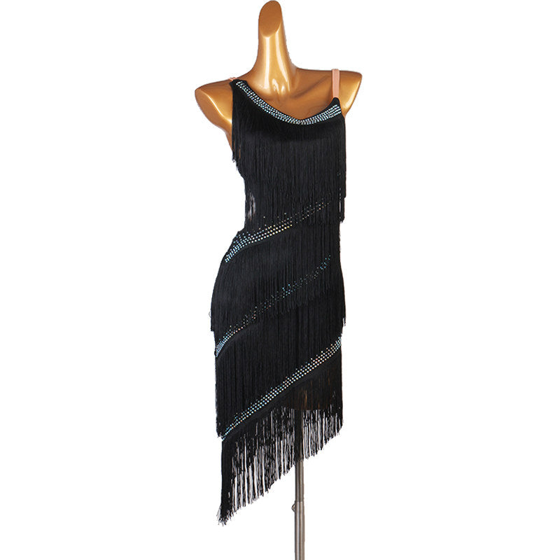 Black latin dance dress with spiral wrapped fringe and pointed hem