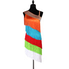 Multicolour banded fringe latin dance dress with stoned one shoulder strap