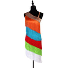 Multicolour fringe latin dance dress angled view showing the colour bands