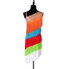 Multicolour fringe latin dance dress rear view showing the bare shoulder