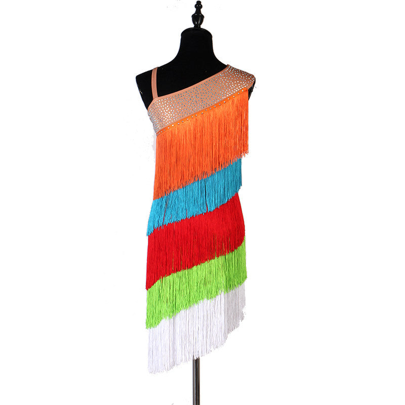 Multicolour fringe latin dance dress rear view showing the bare shoulder