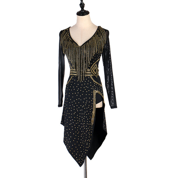 Black latin dance dress with dense gold studwork and pointed handkerchief hem