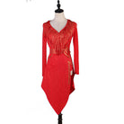 Red latin dance dress with gold studwork and pointed handkerchief hem