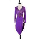 Purple latin dance dress with gold studded bodice and pointed hem