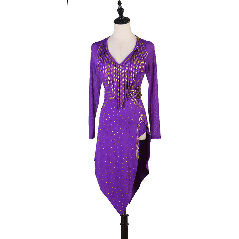 Purple latin dance dress with gold studded bodice and pointed hem