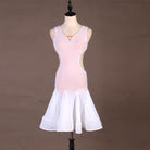Pale pink latin dance dress with cutaway side waist and white flared skirt