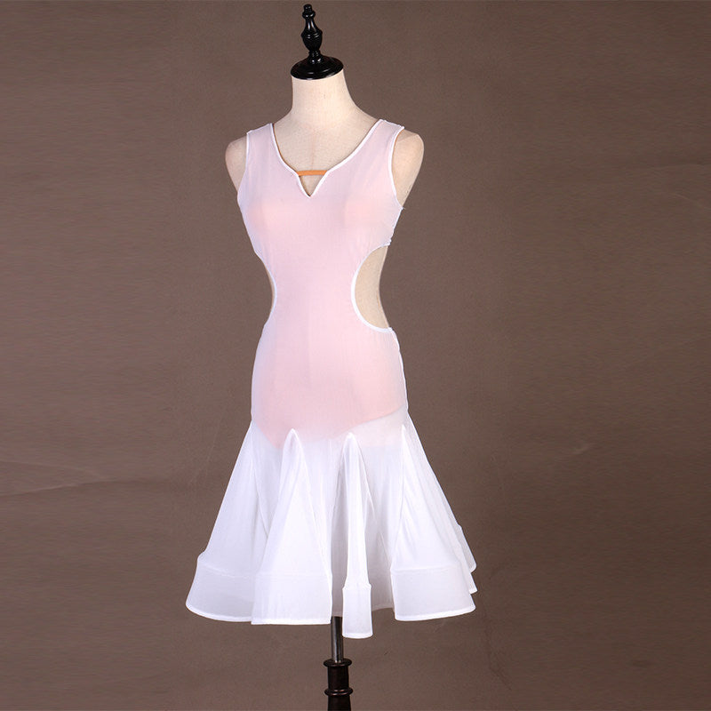Pale pink latin dance dress angled view showing the waist cutouts