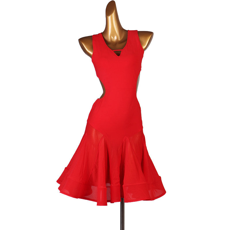 Red latin dance dress with cutaway waist and plain flared skirt