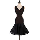 Black latin dance dress with cutaway side waist and chiffon flared hem