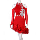 Red latin dance dress with silver applique across the bodice and rose organza hem