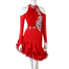 Red latin dance dress angled view showing the cold shoulder cutouts