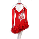 Red latin dance dress rear view with the open back and rose organza hem