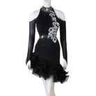 Black latin dance dress with silver applique and black rose organza hem