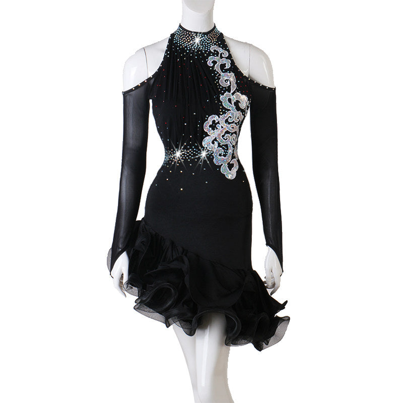 Black latin dance dress with silver applique and black rose organza hem
