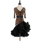 Leopard print latin dance dress with black belt and deep black organza hem