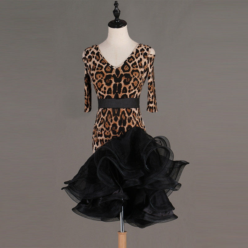 Leopard print latin dance dress angled view showing the organza layers