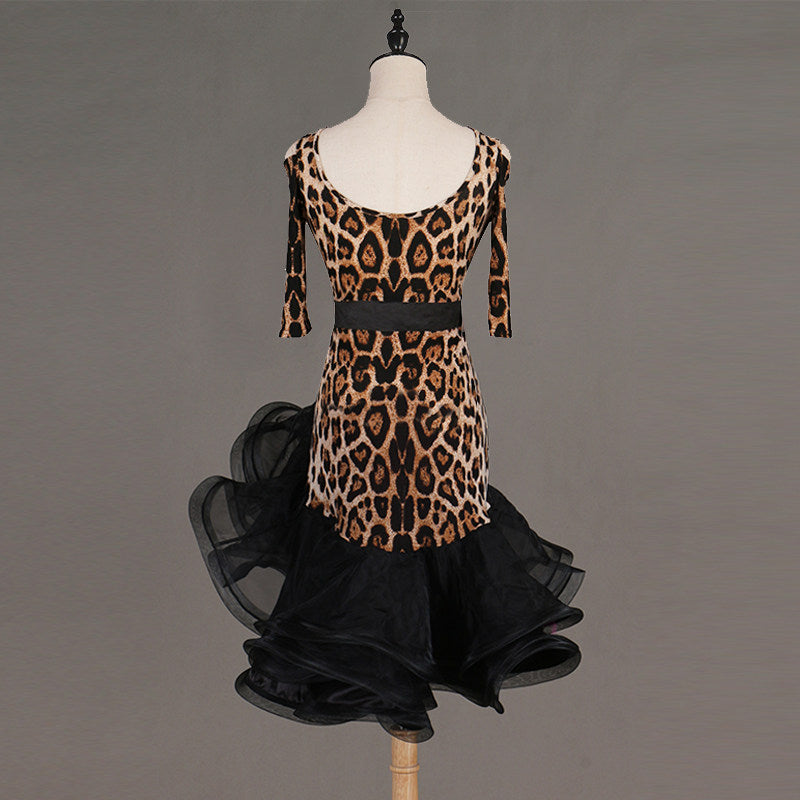 Leopard print latin dance dress rear view with the black organza hem