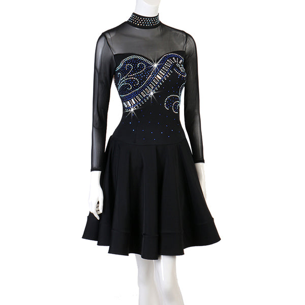 Black latin dance dress with crystal scroll under a mesh yoke and flared hem