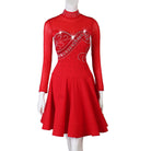 Red latin dance dress with crystal scroll bodice and flared skirt