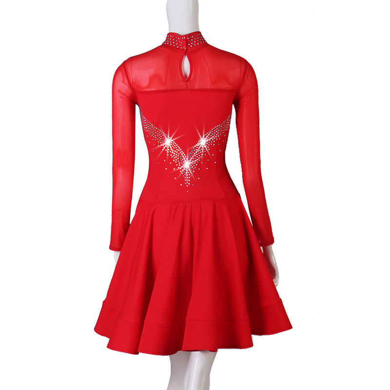Red latin dance dress front view with the stoned collar and mesh yoke