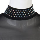 Close view of the stoned collar band on sheer mesh