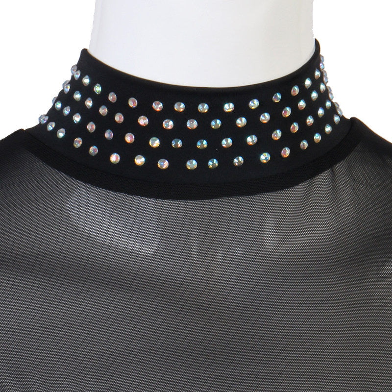 Close view of the stoned collar band on sheer mesh