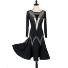 Black latin dance dress with silver bugle bead fringe chevrons and flared skirt
