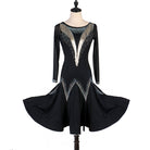 Black bugle bead latin dance dress angled view showing the beadwork move