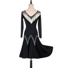 Black bugle bead latin dance dress side view with the flared hem