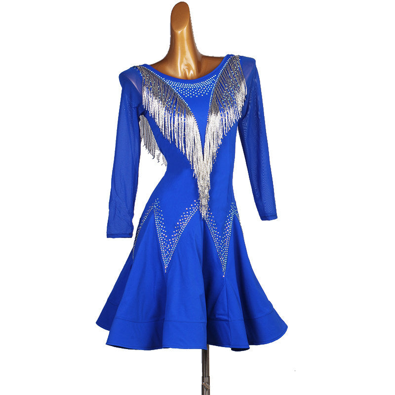 Blue latin dance dress with silver bugle bead fringe chevrons