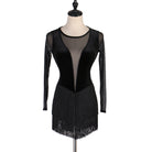 Black latin dance dress with sheer centre panel and plain tassel fringe hem