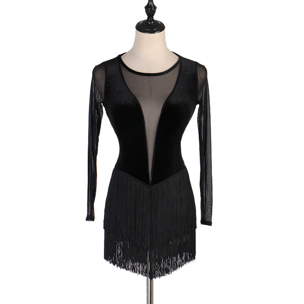 Black latin dance dress with sheer centre panel and plain tassel fringe hem