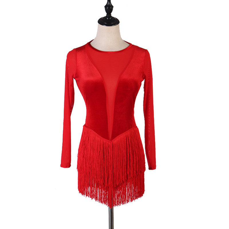 Red latin dance dress with sheer centre panel and red tassel fringe hem