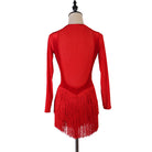 Red sheer panel latin dance dress rear view with the mesh back