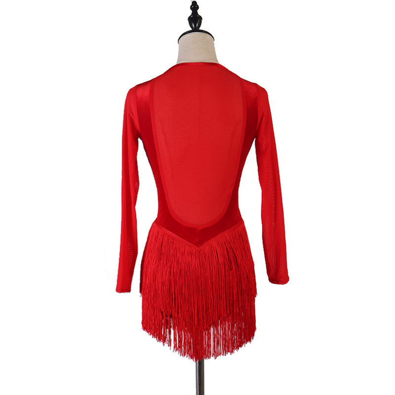 Red sheer panel latin dance dress rear view with the mesh back
