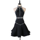 Black latin dance dress with pearl studded halter collar and double ruffle hem