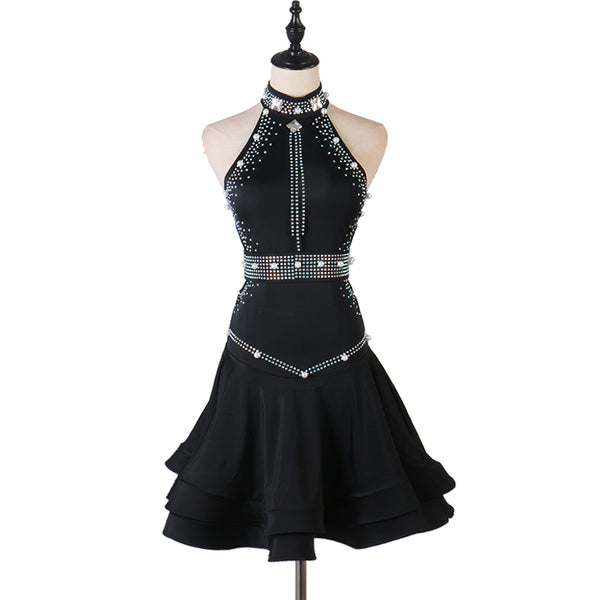 Black latin dance dress with pearl studded halter collar and double ruffle hem