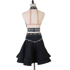 Black pearl stud latin dance dress rear view showing the bare back between bands