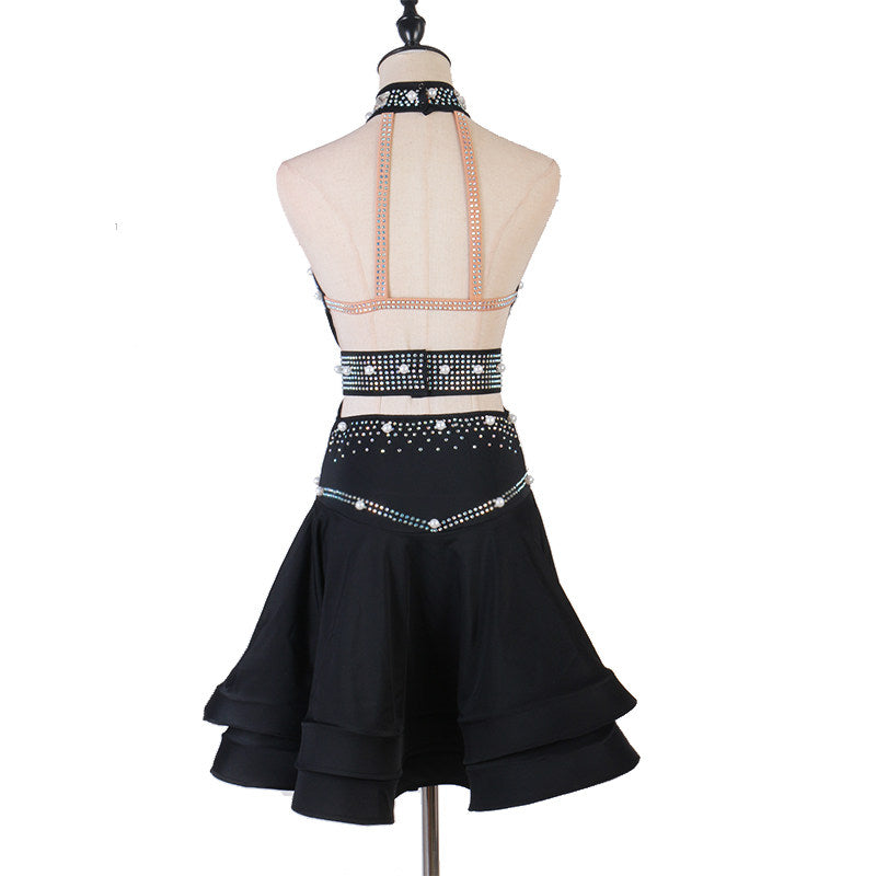 Black pearl stud latin dance dress rear view showing the bare back between bands