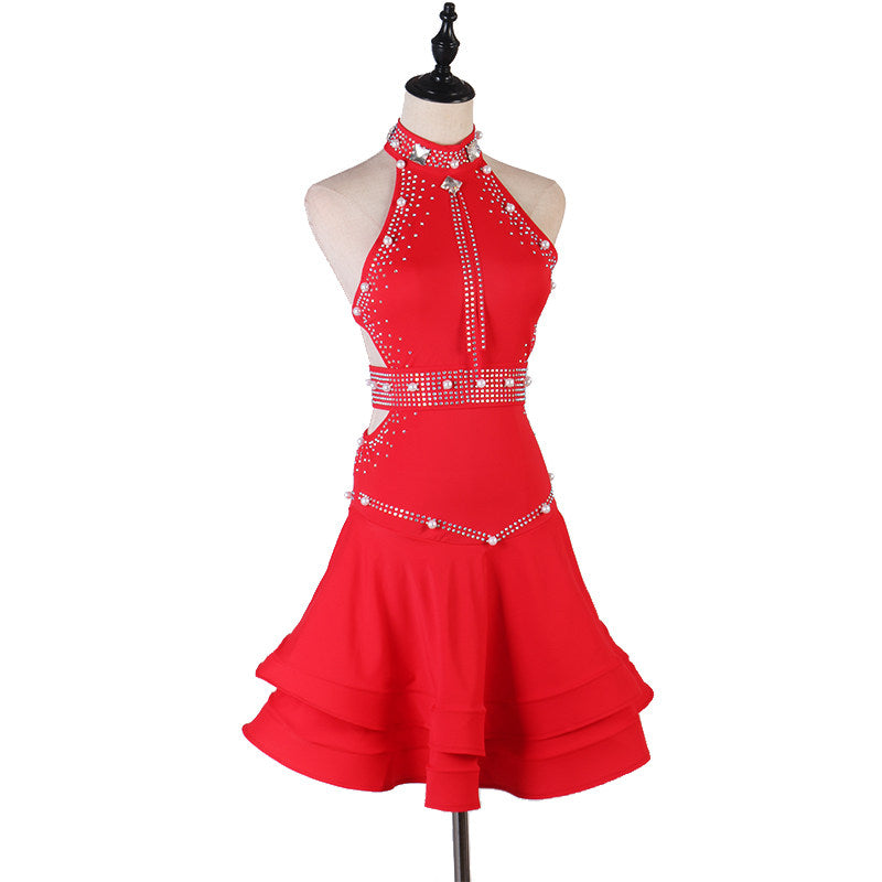 Red pearl stud latin dance dress front view with the double ruffle hem